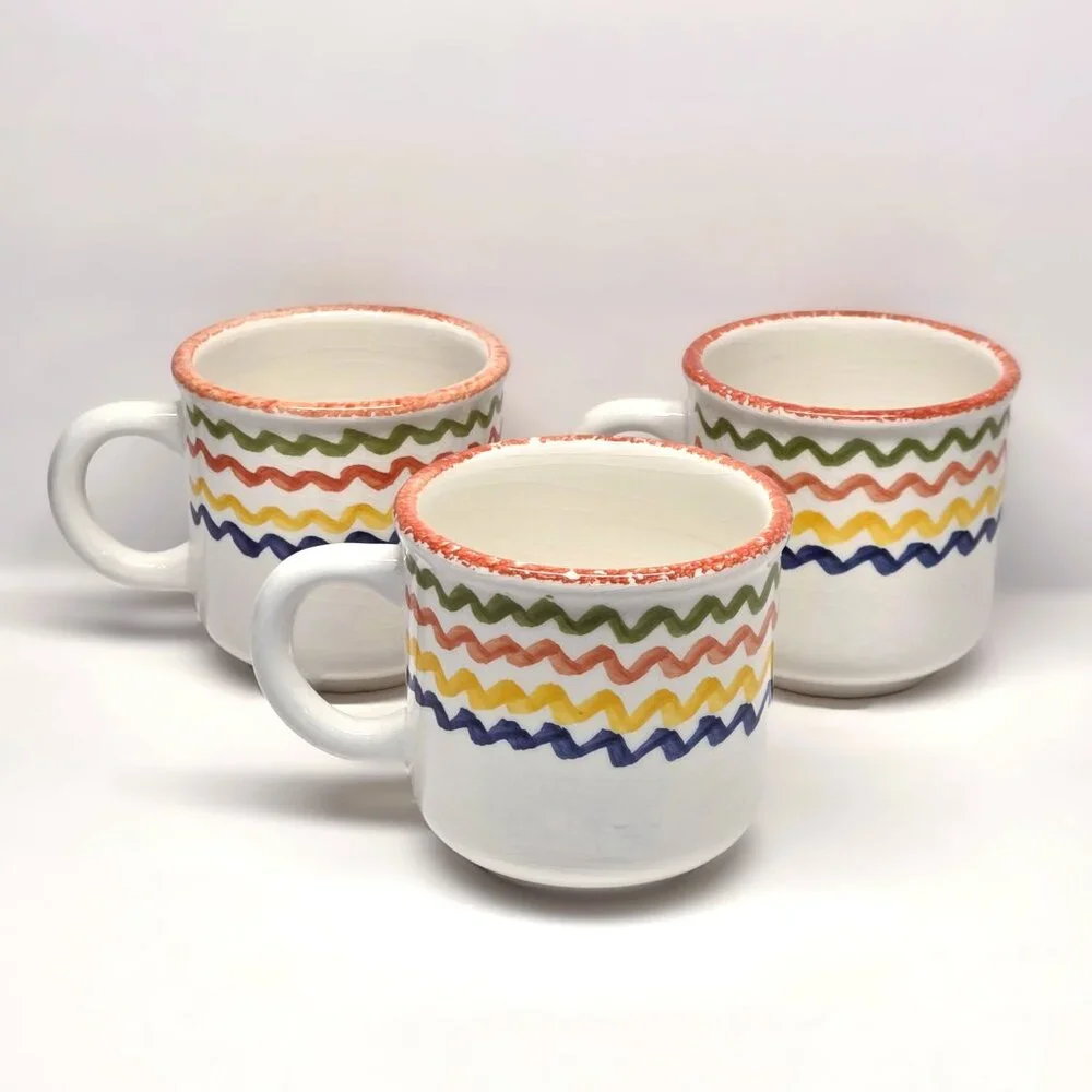 Vintage Crate & Barrel Italy Squiggly Line Mug Lot x3 Set Heavily CRAZED - READ